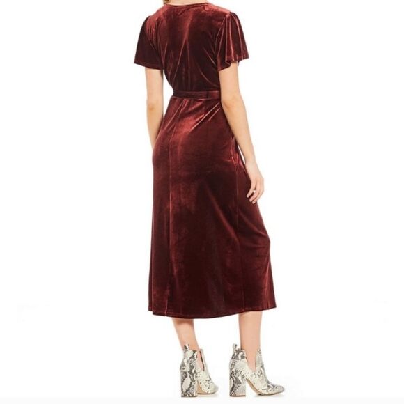 Sanctuary Airy Night Slit Midi Dress Dark Dusty Red Velvet Belted HOCO Size S - Picture 2 of 16